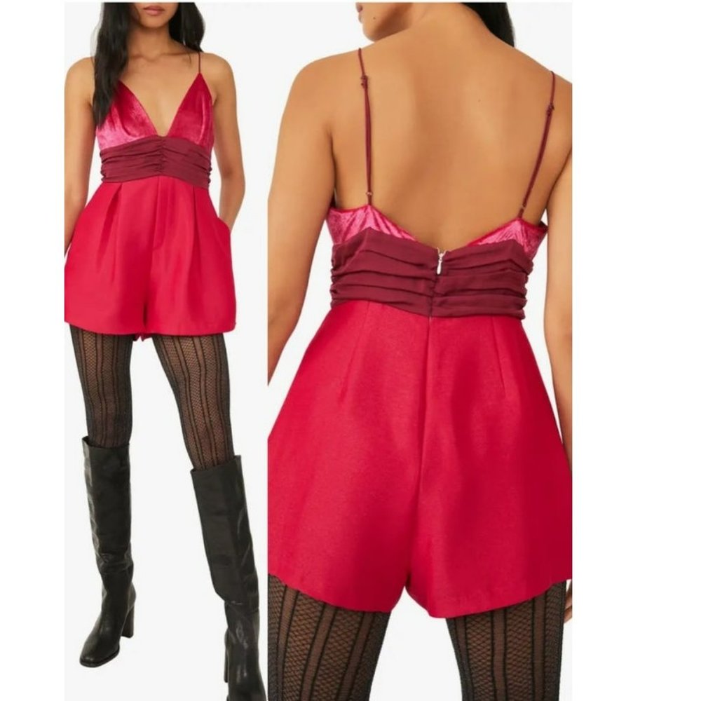 NWT Free People Skylie Saylor Romper Rose Pink Velvet Ruched Short Satin